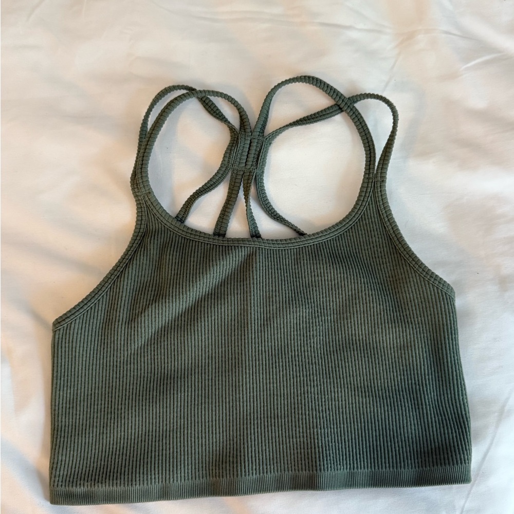 Women’s s Preppy Green Ribbed sporty athletic Crop Top with crossed back: hike